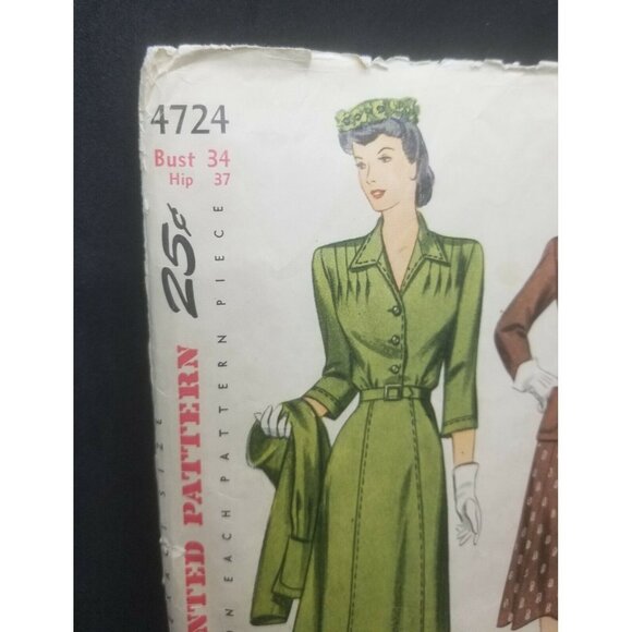 HTF 1943 Simplicity Sewing Pattern #4724 WWII Era Dress Jacket Size 16 Misses - Picture 2 of 3